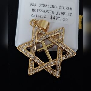 Gold 925 Moissanite Star Of David With Cross